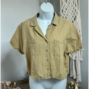 Cotton On Button Up Crop Top Sz Small Tan Short Sleeve Oversized Shirt Blouse